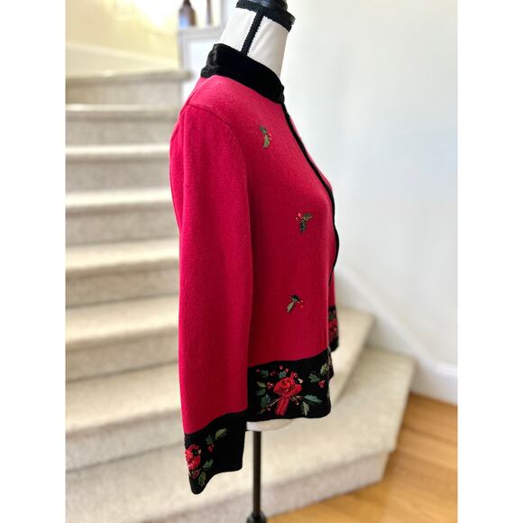 Vintage Red & Black Velvet Trim Embroidered Cardinal Zip Up Cardigan - Picture 7 of 8